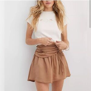 Aerie Uptown Mini Skirt in golden tan satin